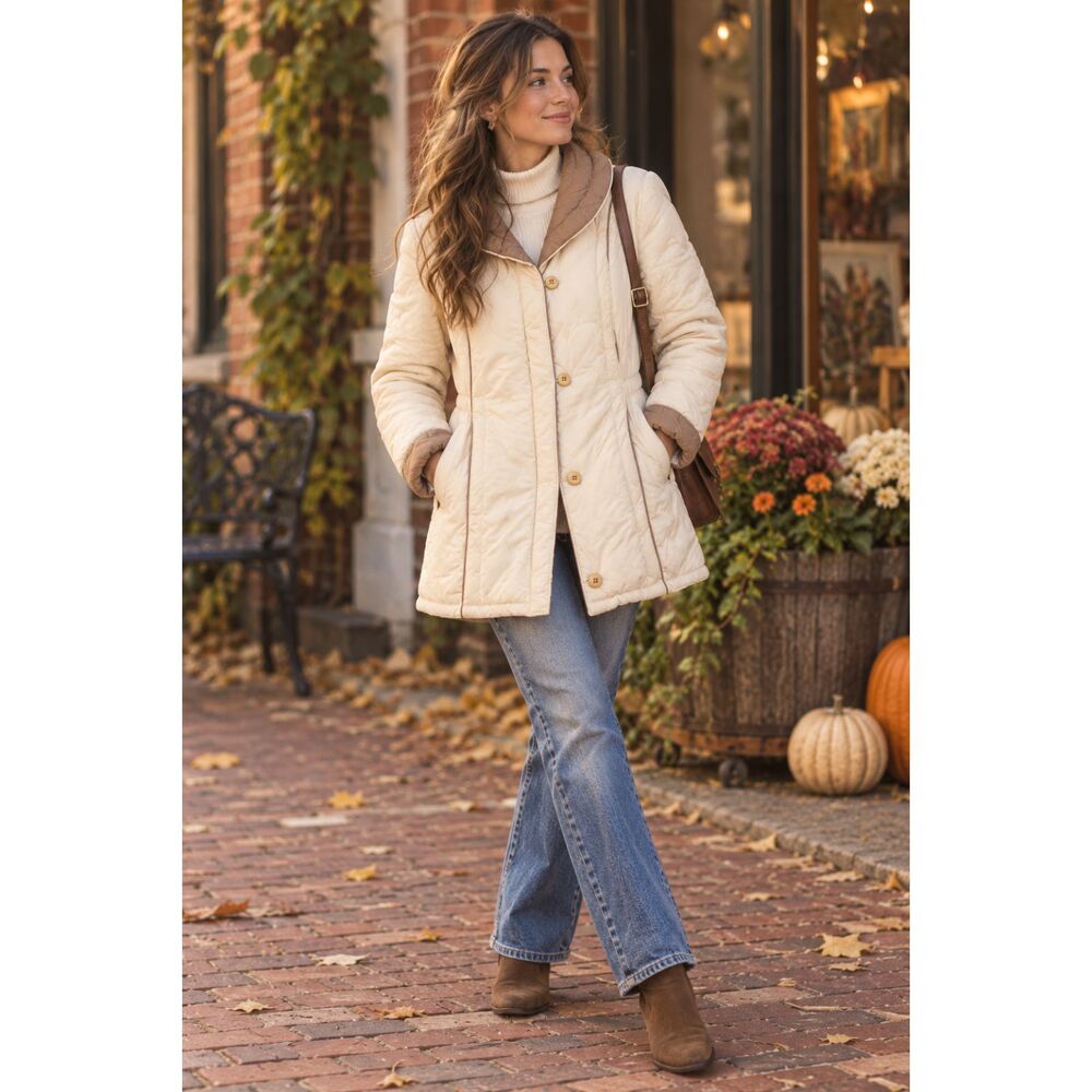 Mulberry Street Vintage Quilted Puffer Coat Cream/Tan Size 7